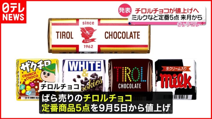 【チロルチョコ】ミルクなど定番5点を9月5日から値上げへ