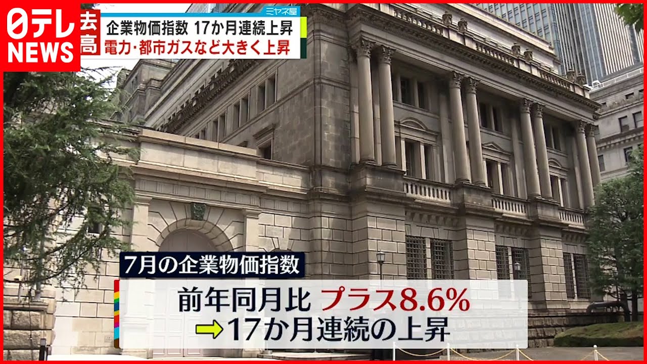 【7月の企業物価指数】17か月連続上昇 輸入物価指数も過去最高