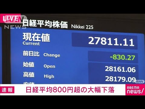 東証800円超の大幅値下がり　FRB議長“インフレ対策最優先”発言受け(2022年8月29日)