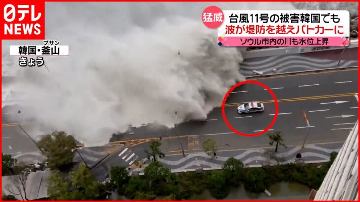 【台風11号】被害韓国でも…波が堤防を越えパトカーに
