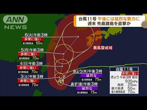 非常に強い台風11号　週末に先島諸島を直撃か(2022年9月1日)