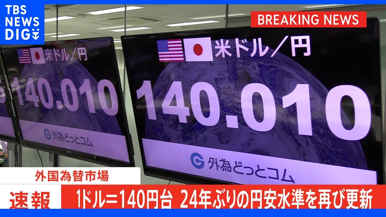 【速報】急速に円安が進行　円相場　1ドル＝140円台に　1998年以来　約24年ぶり｜TBS&nbsp;NEWS&nbsp;DIG