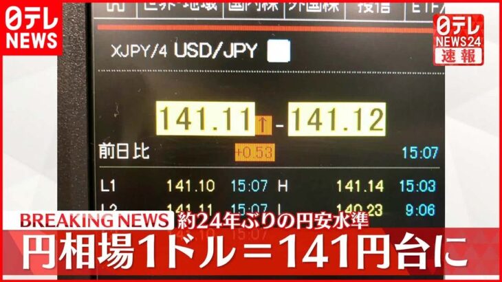 【速報】円相場1ドル＝141円台に 約24年ぶりの円安水準