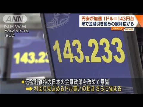 【円安加速】1ドル143円台　24年ぶり円安水準更新(2022年9月7日)