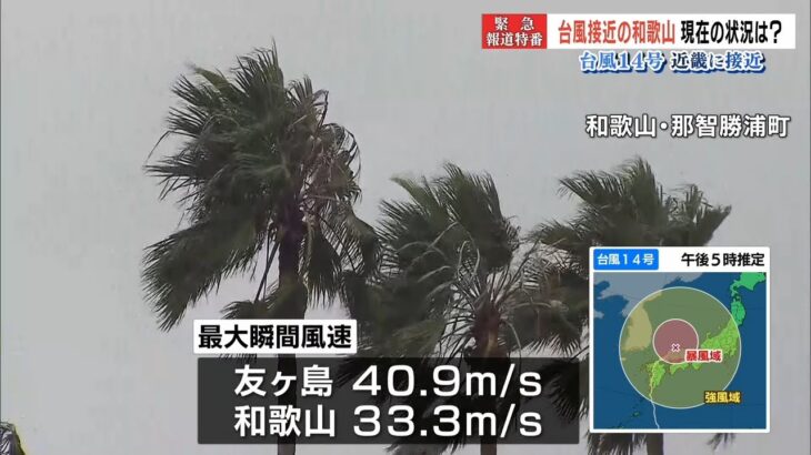 【台風14号】和歌山県の最新状況『空き家の屋根飛び道路塞ぐ』友ヶ島では風速40m記録（2022年9月19日）