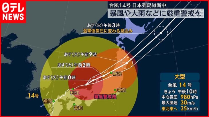 【台風14号】北陸や東海も一部が暴風域に 暴風や大雨などに厳重な警戒を