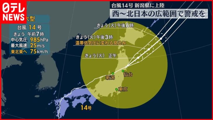 【台風14号】日本列島を縦断中…暴風域なくなるも広範囲が強風域に