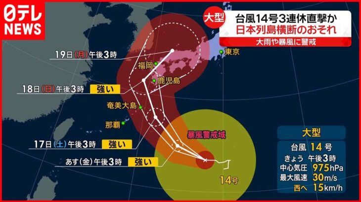 【台風14号】発達しながら日本の南を北上見込み 3連休には列島縦断するおそれも…