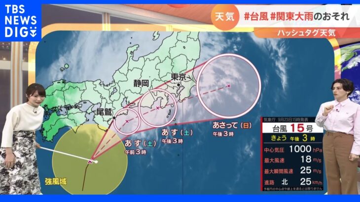 【9月24日 関東の天気】台風15号　関東大雨のおそれ｜TBS NEWS DIG