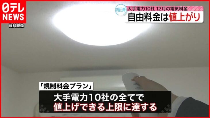 【大手電力10社】12月の電気料金「自由料金」は値上がり