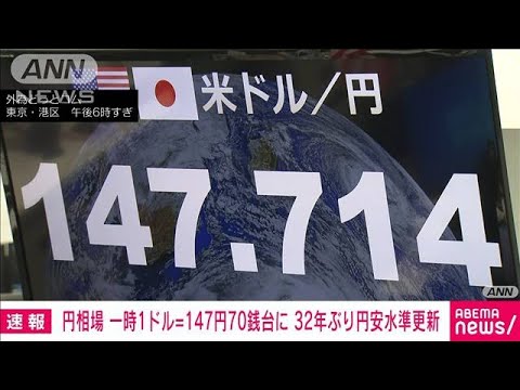 【速報】円相場が一時1ドル＝147円70銭台に　32年ぶりの円安水準を更新(2022年10月14日)