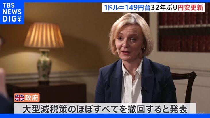 1ドル＝149円台 32年ぶりの円安水準 イギリス政府は大型減税策のほぼすべてを撤回すると発表｜TBS NEWS DIG