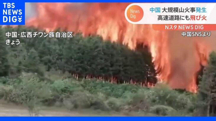 中国・広西チワン族自治区で大規模な山火事　現場は高速道路のそばで中央分離帯の植木にも飛び火｜TBS NEWS DIG