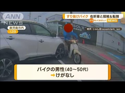【瞬間】“すり抜けバイク”右折した車と接触→転倒(2022年10月20日)