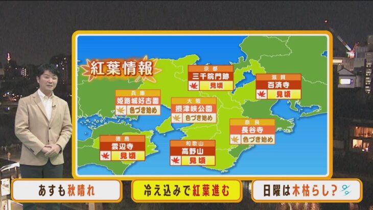 【11月11日(金)】金曜日も秋晴れ！紅葉見頃迎える中…日曜日には早くも木枯らし？【近畿地方】