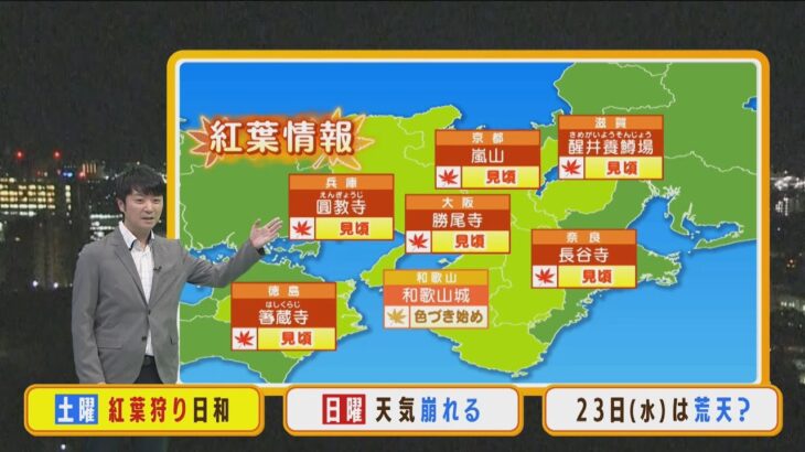 【11月19日(土)】紅葉狩りは土曜日がオススメ！日曜日は雨に…勤労感謝の日は荒天に？【近畿地方】