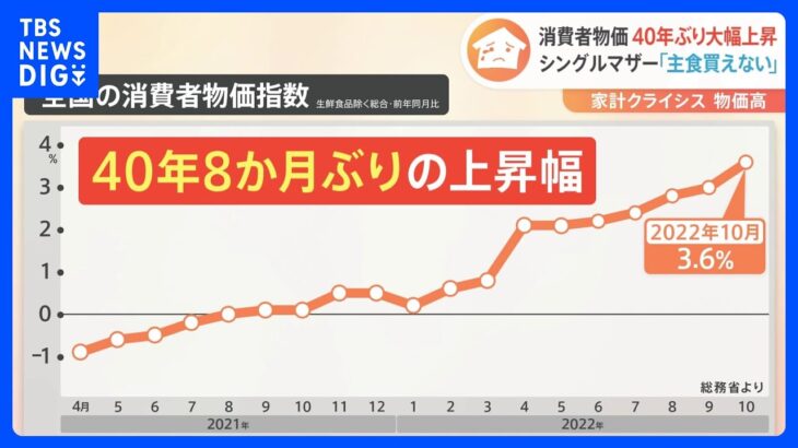 「トイレの水を流すのは3回に1度」10月消費者物価＋3.6％ 40年ぶりの歴史的物価上昇に“ひとり親世帯”や“困窮世帯”から悲鳴が…｜TBS NEWS DIG