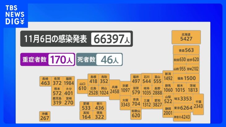 新型コロナ　全国の感染者6万6千人超　全都道府県で先週同曜日を上回る｜TBS NEWS DIG