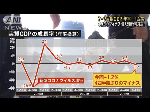 7-9月期GDP　年率1.2％減　個人消費伸び悩む(2022年11月15日)