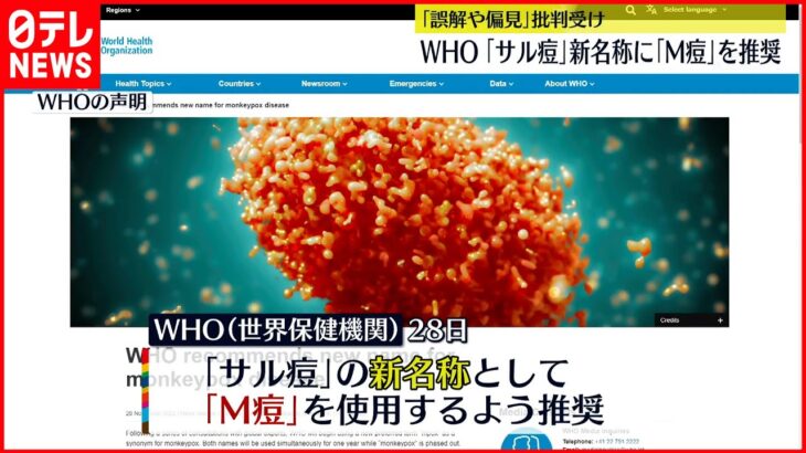 【WHO 】「サル痘」新名称に「M痘」を推奨と発表