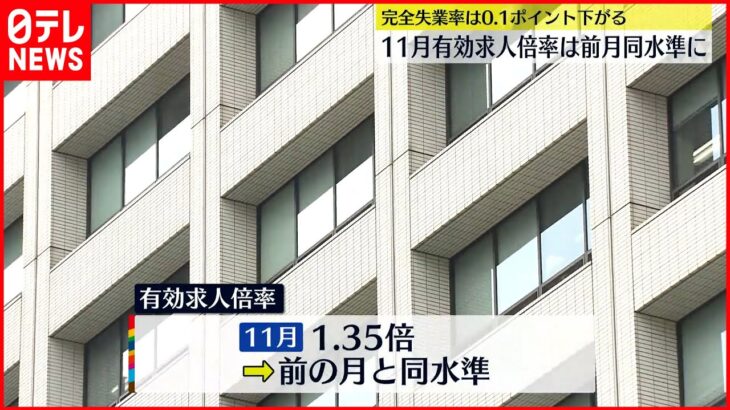 【厚労省】11月の有効求人倍率は1.35倍 10月と同水準