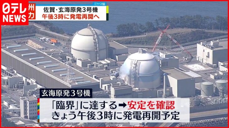 【九州電力・玄海原発3号機】12日午後3時に発電再開へ