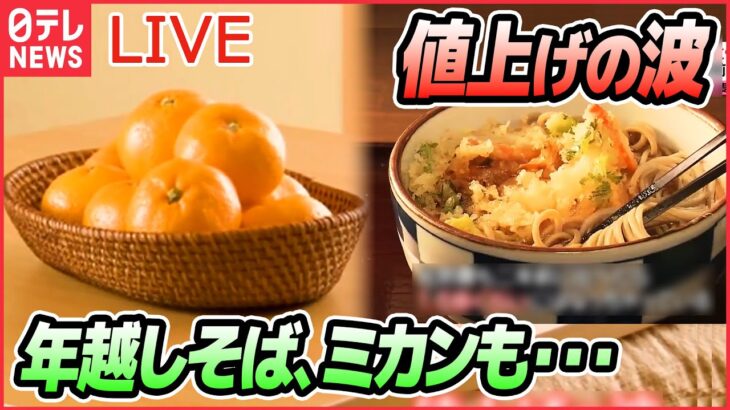 【ライブ】家計を直撃…値上げニュースまとめ 今後 何が値上がりするの？/季節の風物詩「年越しそば」「みかん」にも/「どうしようもなく」“春夏物”一部1000円値上げへ（日テレNEWS LIVE）