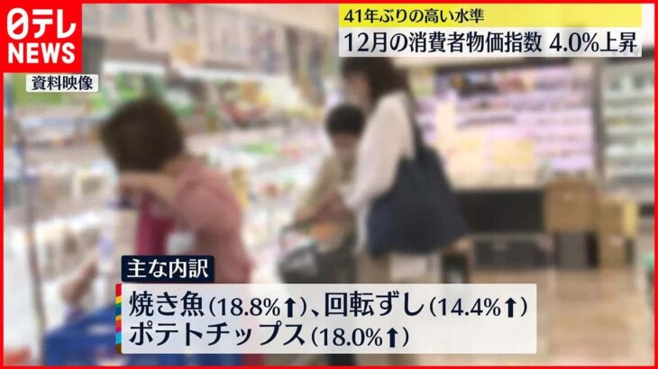 【12月の消費者物価指数】前年同月比4.0パーセント上昇 41年ぶりの高水準