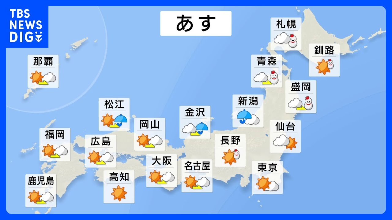明日の天気・気温・降水確率・週間天気【1月8日 夕方 天気予報】|TBS NEWS DIG