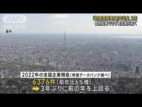 「物価高倒産」前年比2.3倍　価格転嫁できず増加(2023年1月15日)