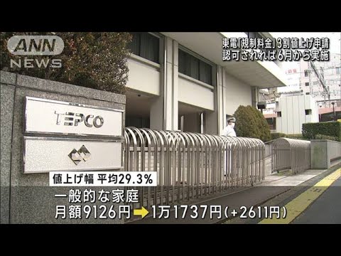東京電力　3割値上げを申請　一般家庭で月2611円増(2023年1月23日)