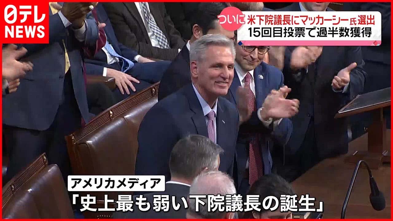 【ようやく決定】米メディア「史上最も弱い下院議長の誕生」 15回目の投票でようやく…共和党トップのマッカーシー氏を下院議長に選出
