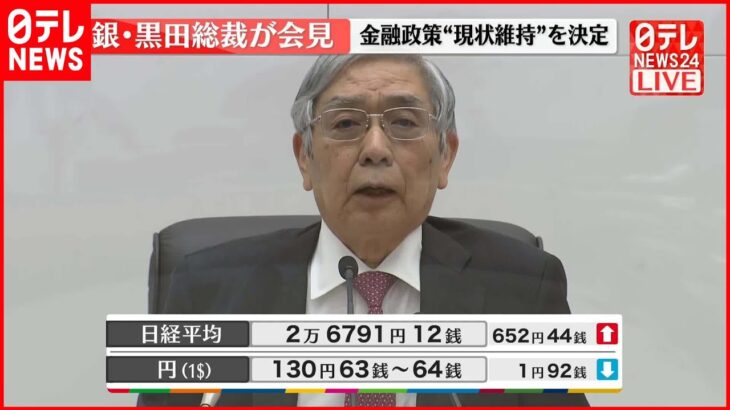 【日銀・黒田総裁が会見】金融政策“現状維持”を決定