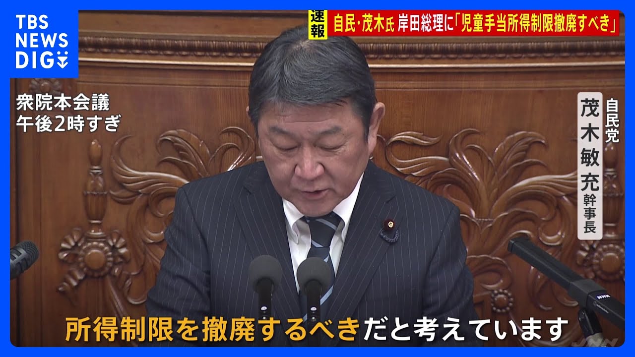 【速報】自民・茂木幹事長　児童手当の所得制限「撤廃すべき」第2子以降の給付額上積みも検討の考え｜TBS&nbsp;NEWS&nbsp;DIG