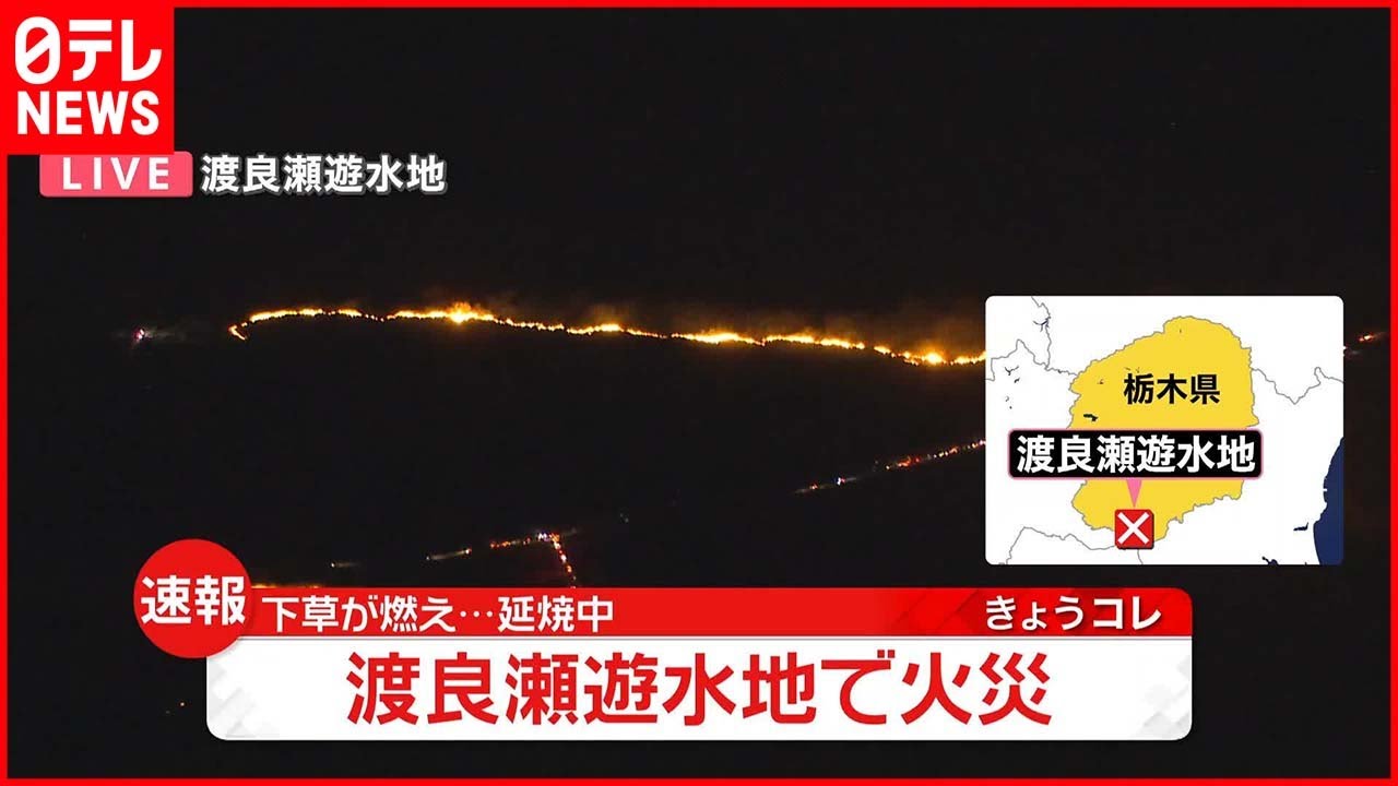 【火事】渡良瀬遊水地で下草が燃える けが人の情報なし 消火活動続く