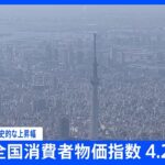 【速報】1月の全国消費者物価4.2％上昇…“第2次オイルショック”以来41年4か月ぶりの上昇率…原材料高や円安で食費中心に値上がり…都市ガス代は3割超高騰｜TBS NEWS DIG