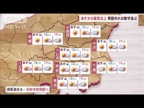 【関東の天気】あすから暖気北上　季節外れの数字並ぶ(2023年2月16日)