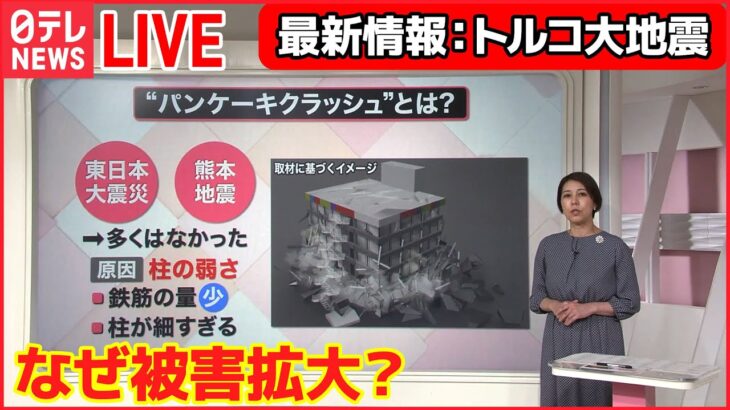 【ライブ】トルコM7大地震 最新情報： なぜ被害拡大？“パンケーキクラッシュ”とは / “発生から72時間”経過…生存率の急激な低下懸念 ――など（日テレニュース LIVE）