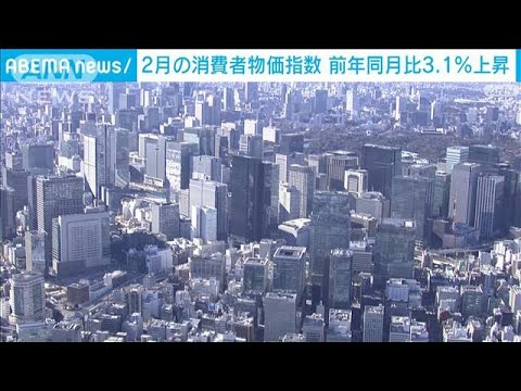 2月の消費者物価指数　前年同月比3.1％上昇　「食料」上昇続くも「エネルギー」は低下(2023年3月24日)