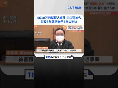 4630万円誤振込事件　田口翔被告に懲役3年執行猶予5年の判決　弁護側は即日控訴 | TBS NEWS DIG #shorts