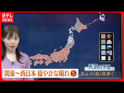 【天気】関東から九州では広く晴れ 夜は北日本で雨や雪