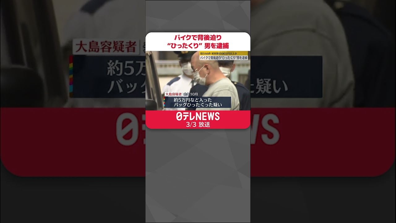 【逮捕】バイクで背後迫り“ひったくり”　犯行66件、被害額は1100万円以上か#shorts