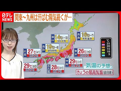 【天気】広い範囲で晴れ 沖縄・九州南部で雨 季節先取りの暑さ続く