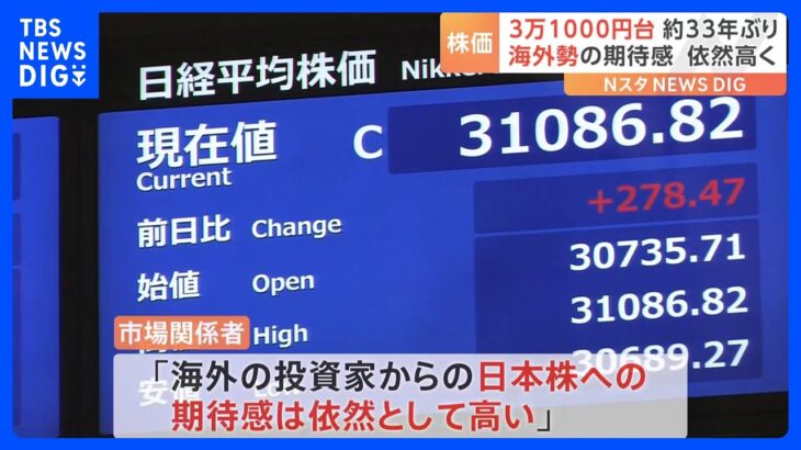 日経平均株価 33年ぶりに3万1000円台 8営業日連続の値上がり 「海外の投資家からの日本株への期待感は依然として高い」｜TBS NEWS DIG