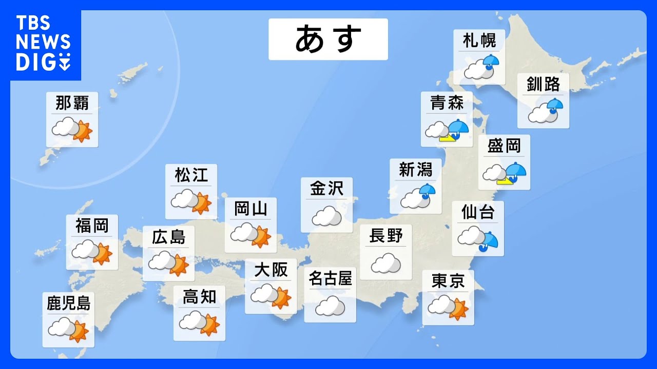 【5月27日&nbsp;明日の天気】北日本は昼ごろから雨&nbsp;東日本から西日本では雲が広がる｜TBS&nbsp;NEWS&nbsp;DIG