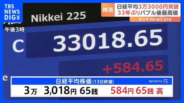 日経平均株価が3万3千円を突破して取引終了 約33年ぶり バブル崩壊後の最高値を更新｜TBS NEWS DIG