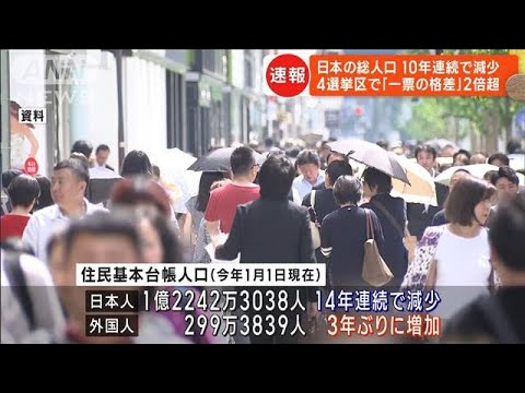 日本の総人口が10年連続で減少　衆議院「一票の格差」4選挙区で2倍以上に(2023年7月26日)