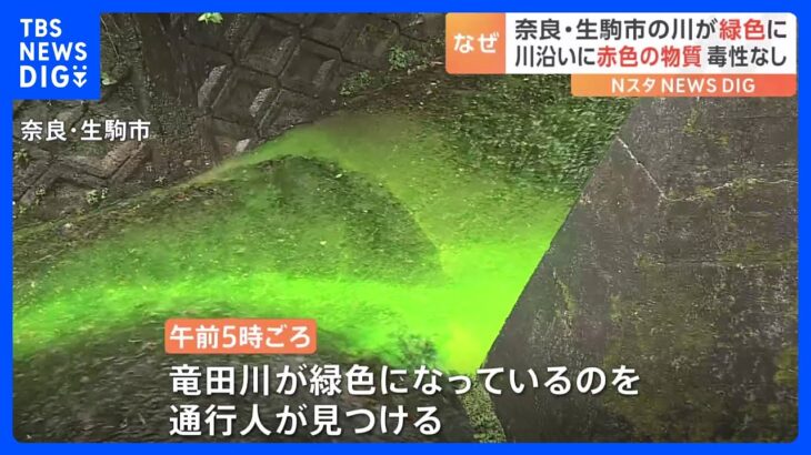 川の水が鮮やかな緑色に手すり柵に赤色の粉水をかけると緑に変色毒性は確認されず奈良生駒市TBSNEWSDIG