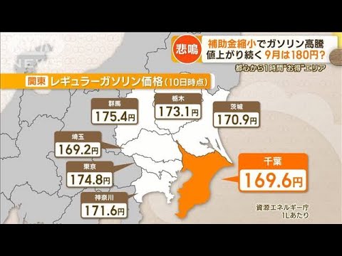 ガソリン価格高騰続く　補助金縮小で9月は180円に？…千葉に10円以上安いお得エリアも【もっと知りたい！】(2023年7月14日)