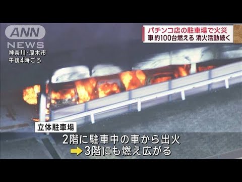 パチンコ店駐車場の車から出火　約100台燃え大量の黒煙　消火活動続く 神奈川・厚木市(2023年8月20日)